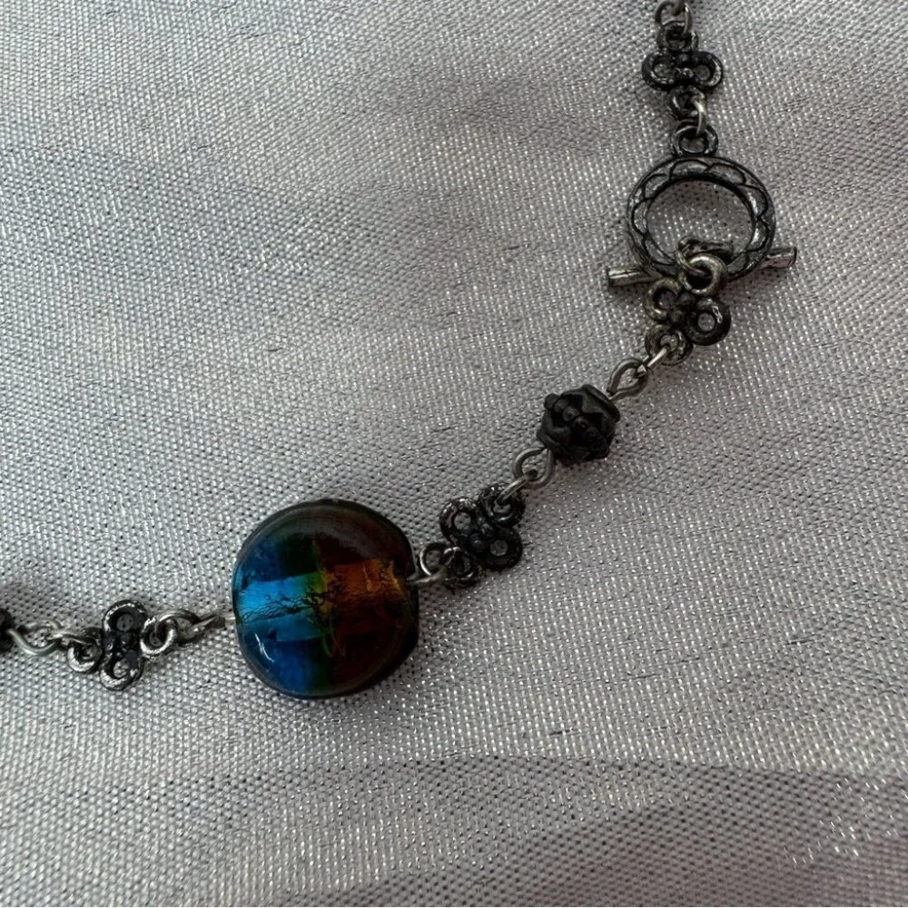 Necklace Dichroic glass beads brown blue toggle necklace silver black luxe